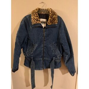 Y2K NY 10018 Denim Jacket Leopard Faux Fur Collar Quilted Lined Blue Zip Up